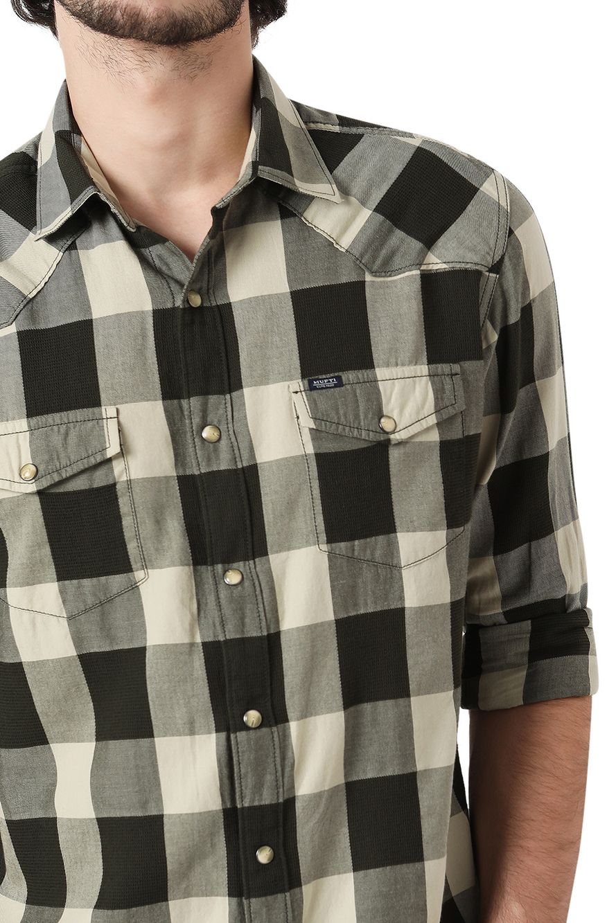 Olive & Off White Western Check Slim Fit Casual Shirt