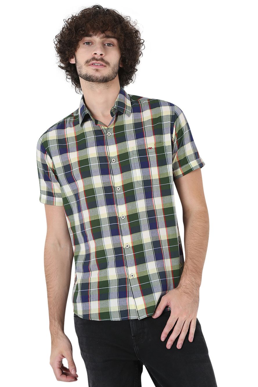 Olive & Navy Madras Check Slim Fit Casual Shirt