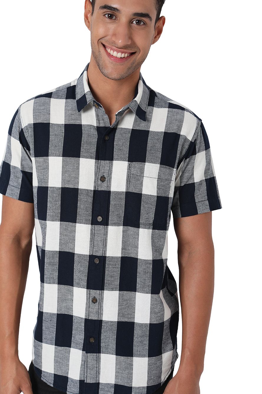 Navy & Off White Cotton Linen Check Slim Fit Casual Shirt