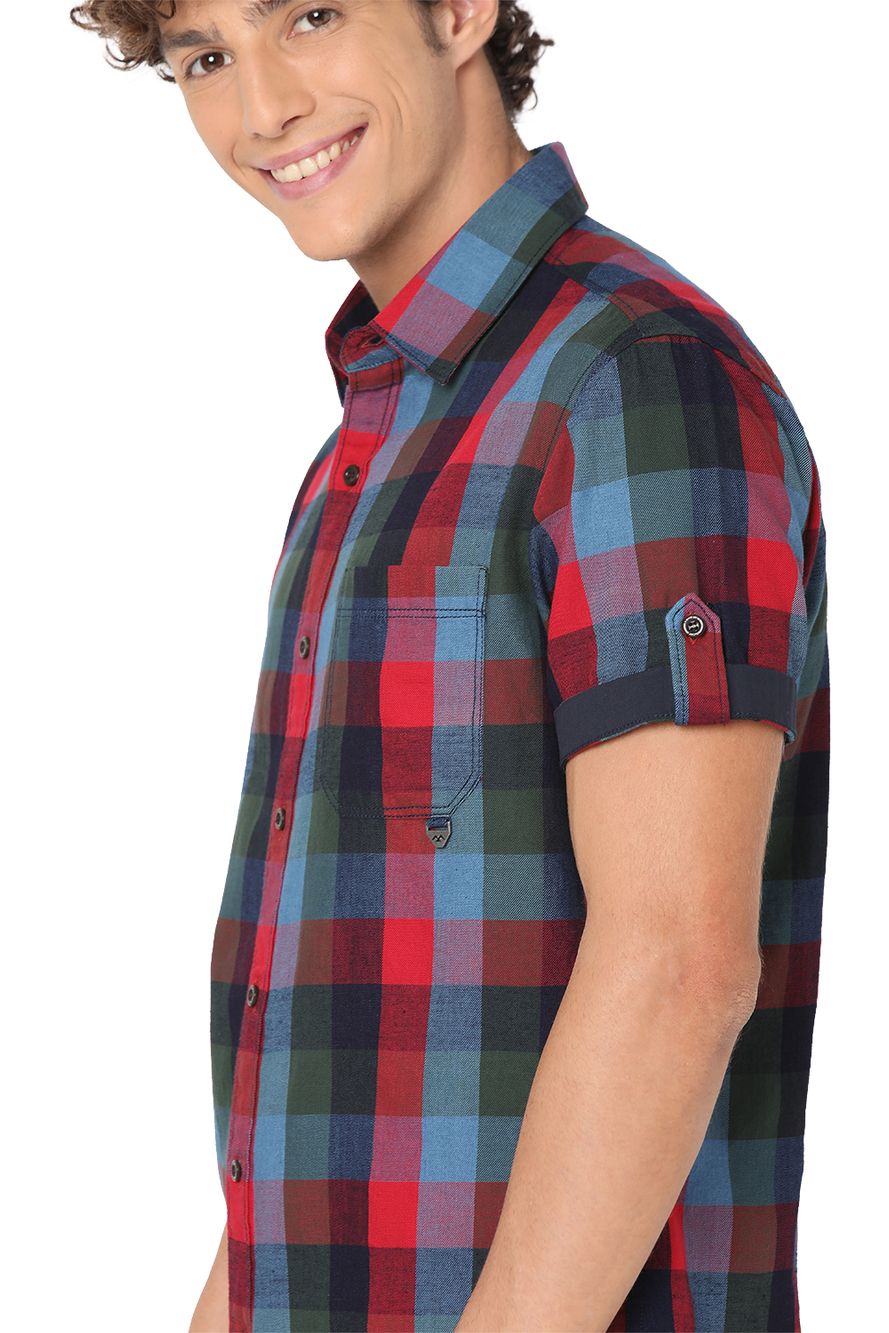Red & Multi Bold Check Slim Fit Casual Shirt