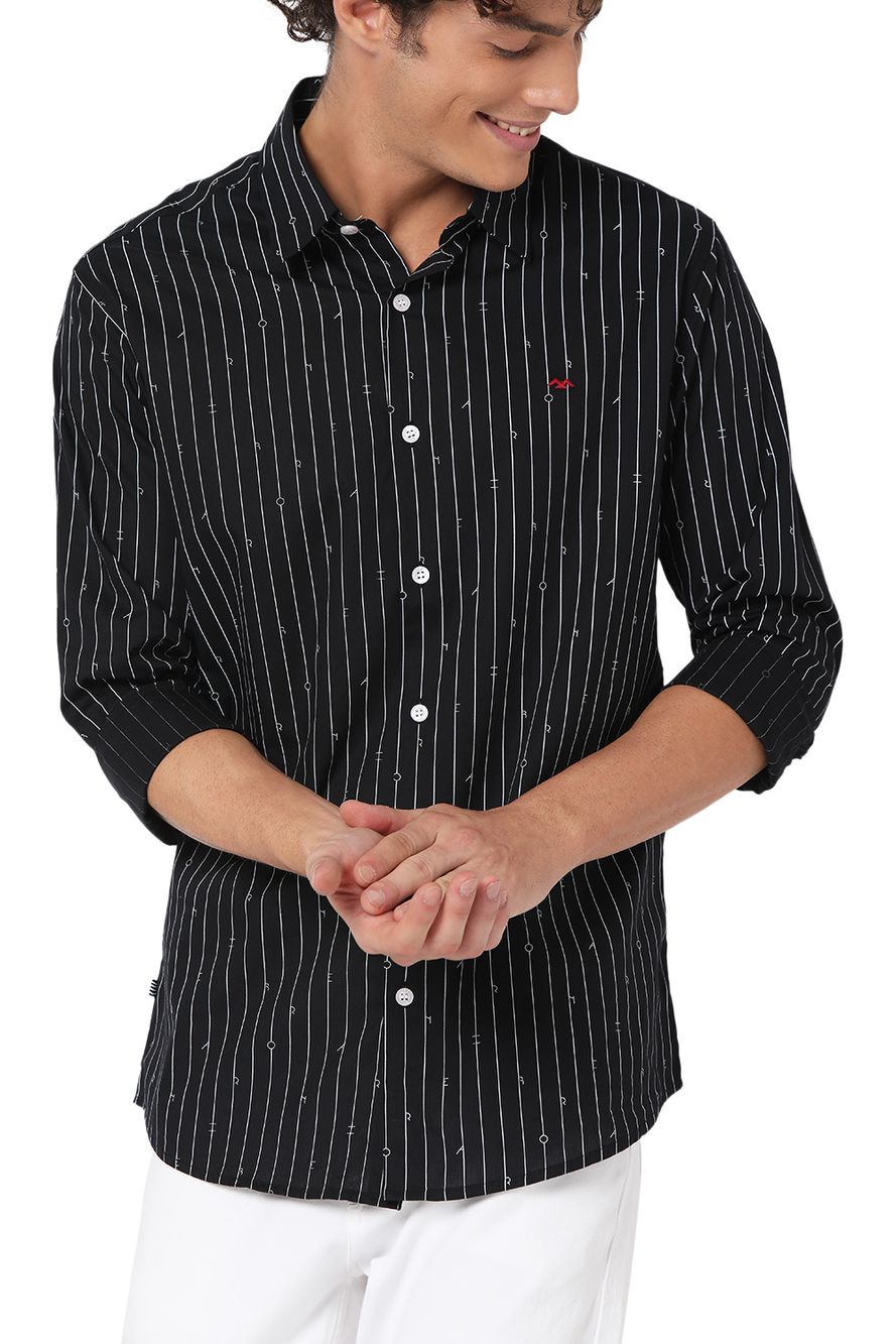 Black & White Printed Stripe Slim Fit Casual Shirt