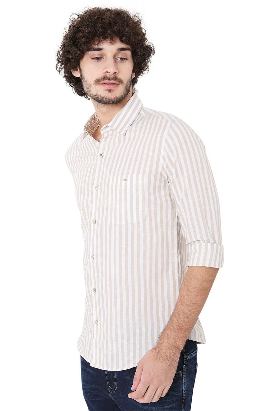 Beige & White Cotton Linen Stripe Slim Fit Casual Shirt