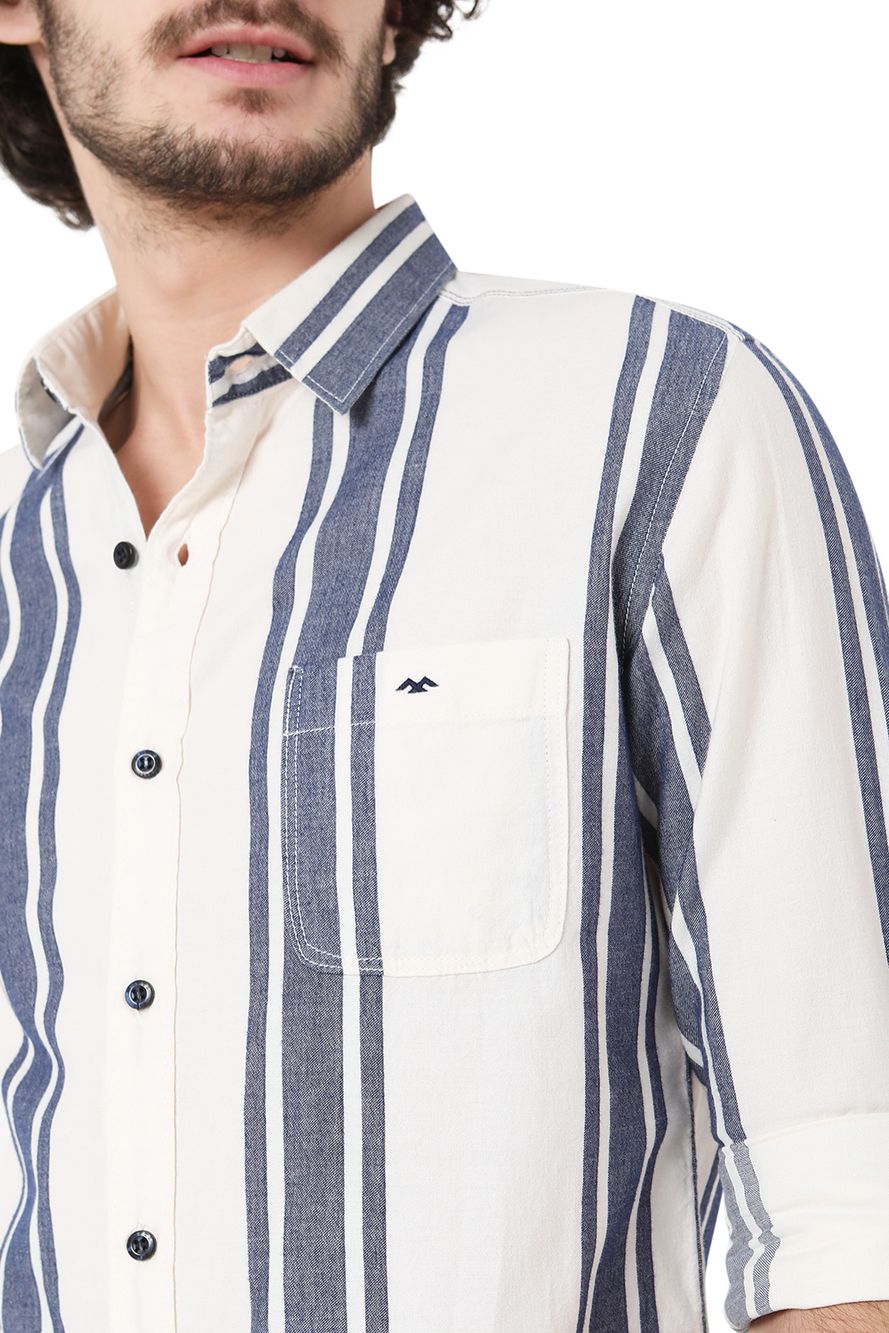 White & Blue Awning Stripe Slim Fit Casual Shirt
