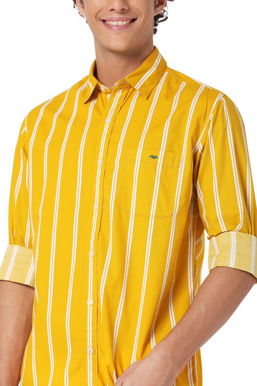 Yellow & White Peached Stripe Slim Fit Casual Shirt