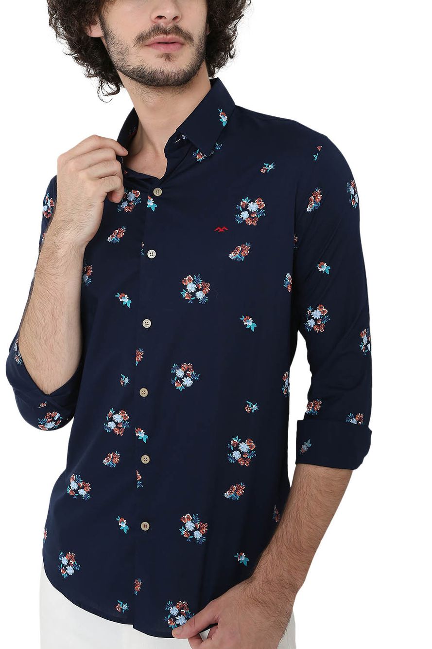 Navy & Multi Floral Print Lightweight Slim Fit Casual Shirt