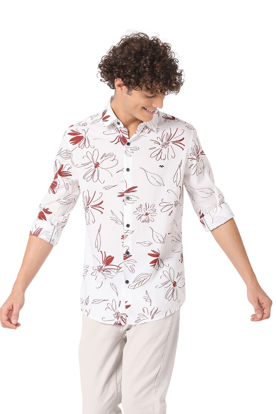 White & Maroon Floral Print Slim Fit Casual Shirt
