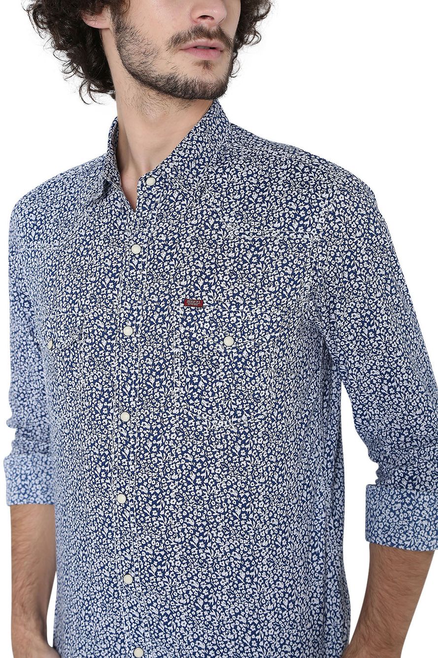 Navy & White Floral Western Slim Fit Casual Shirt