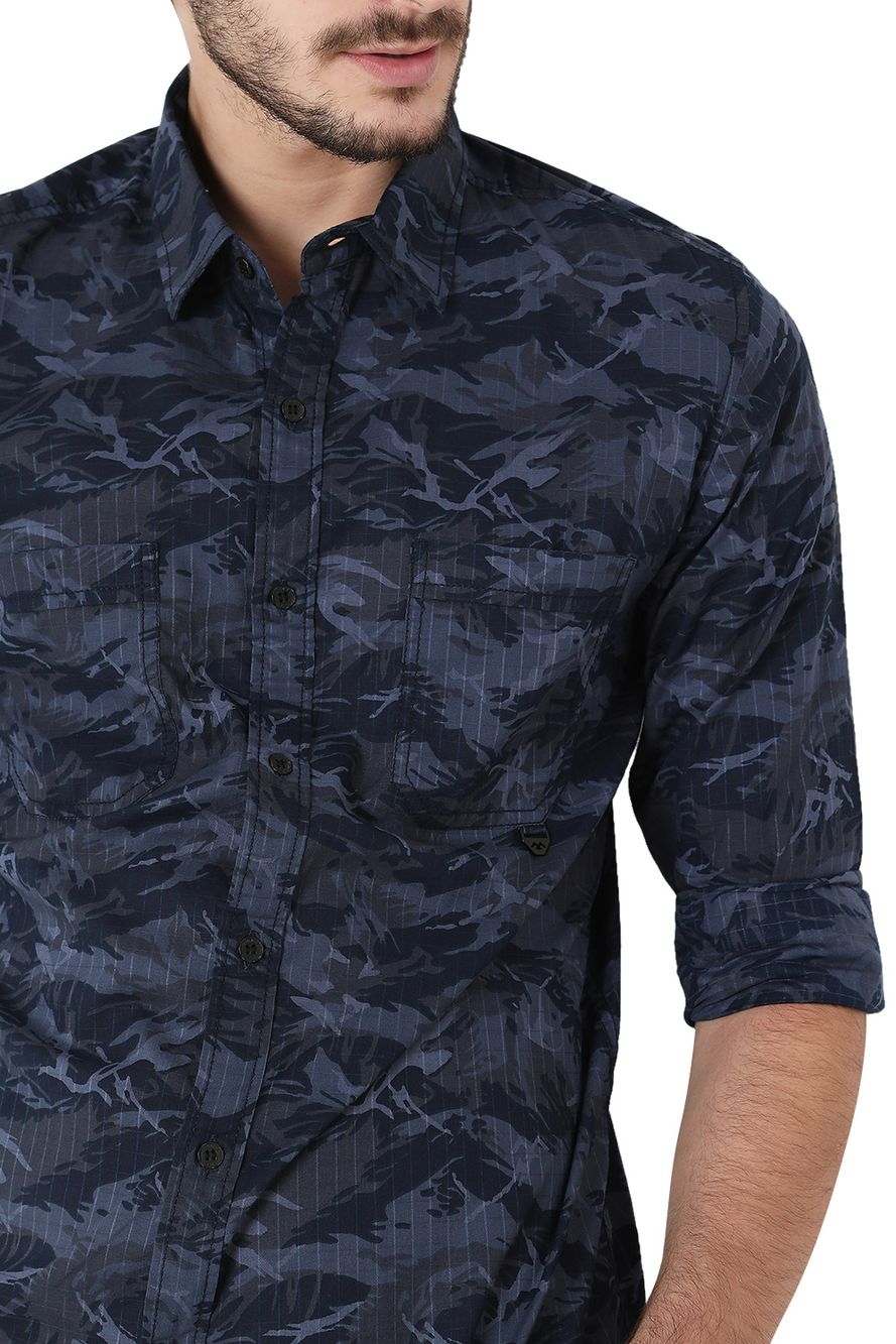 Navy & Blue Camo Print Slim Fit Casual Shirt