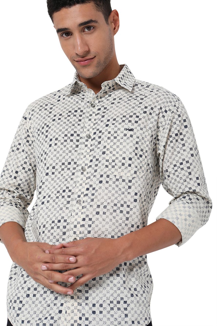 Off White & Navy Checkerboard Print Slim Fit Casual Shirt