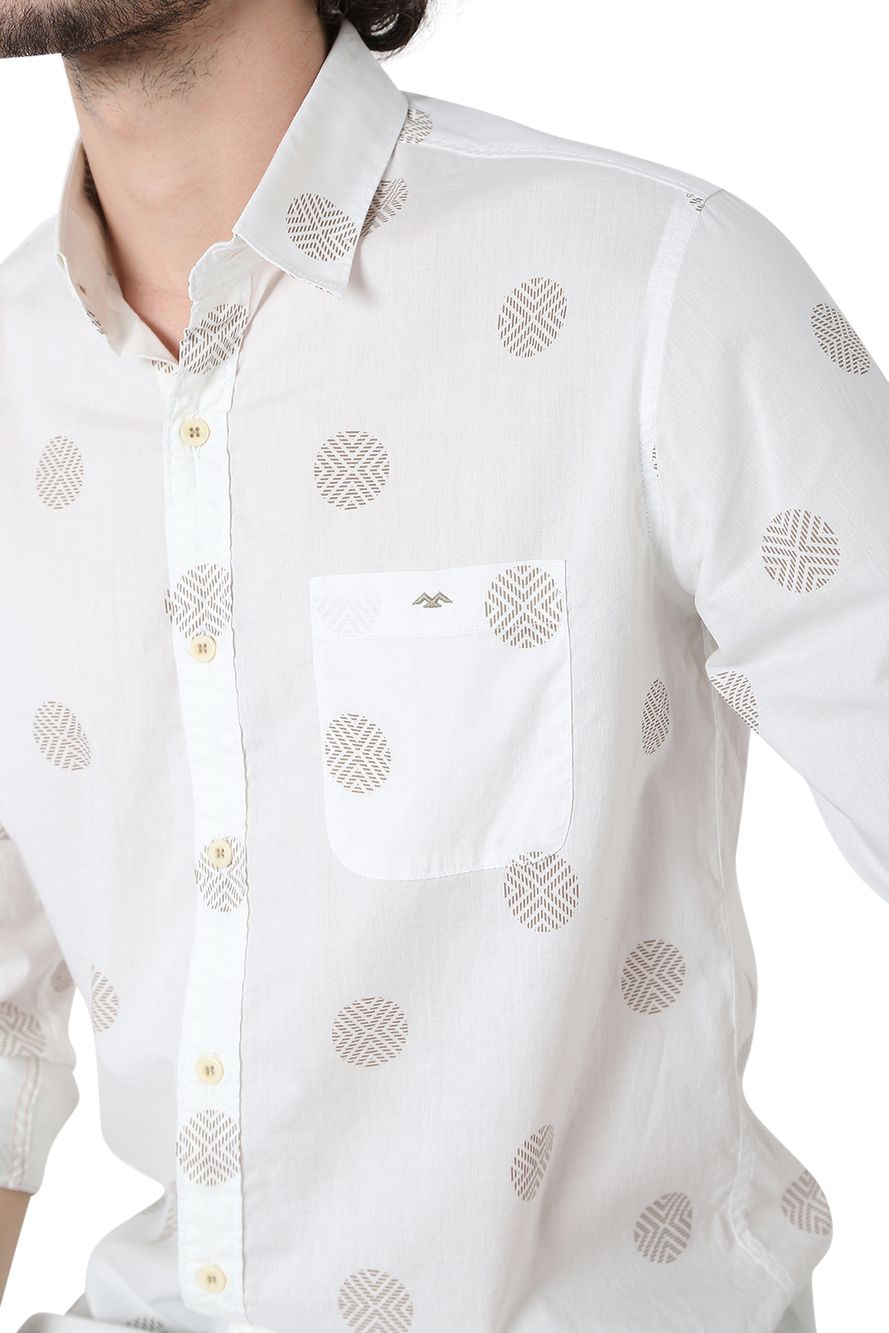 White & Light Khaki Geometric Print Slim Fit Casual Shirt