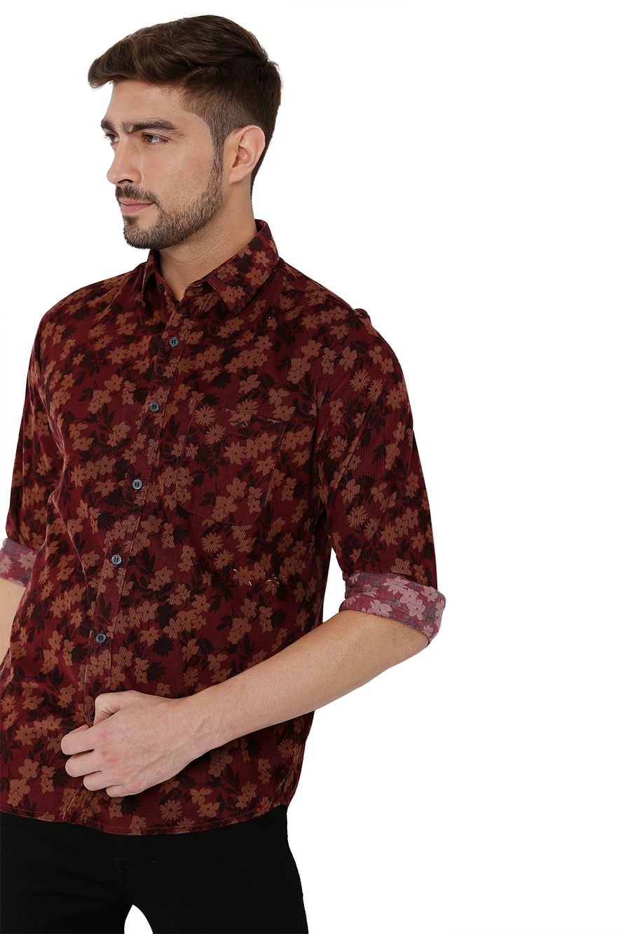 Maroon & Khaki Floral Print Slim Fit Casual Shirt