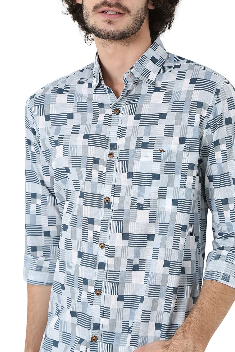Light Grey & White Abstract Print Slim Fit Casual Shirt