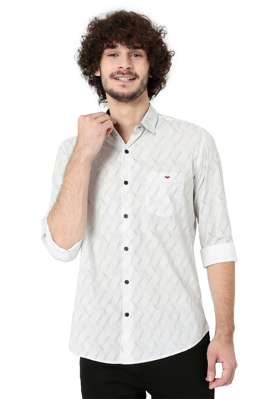 White & Grey Wavy Print Slim Fit Casual Shirt