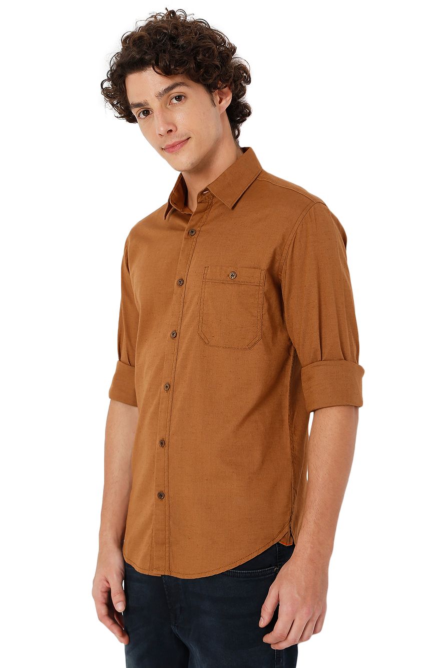 Khaki Cotton Linen Slim Fit Casual Shirt