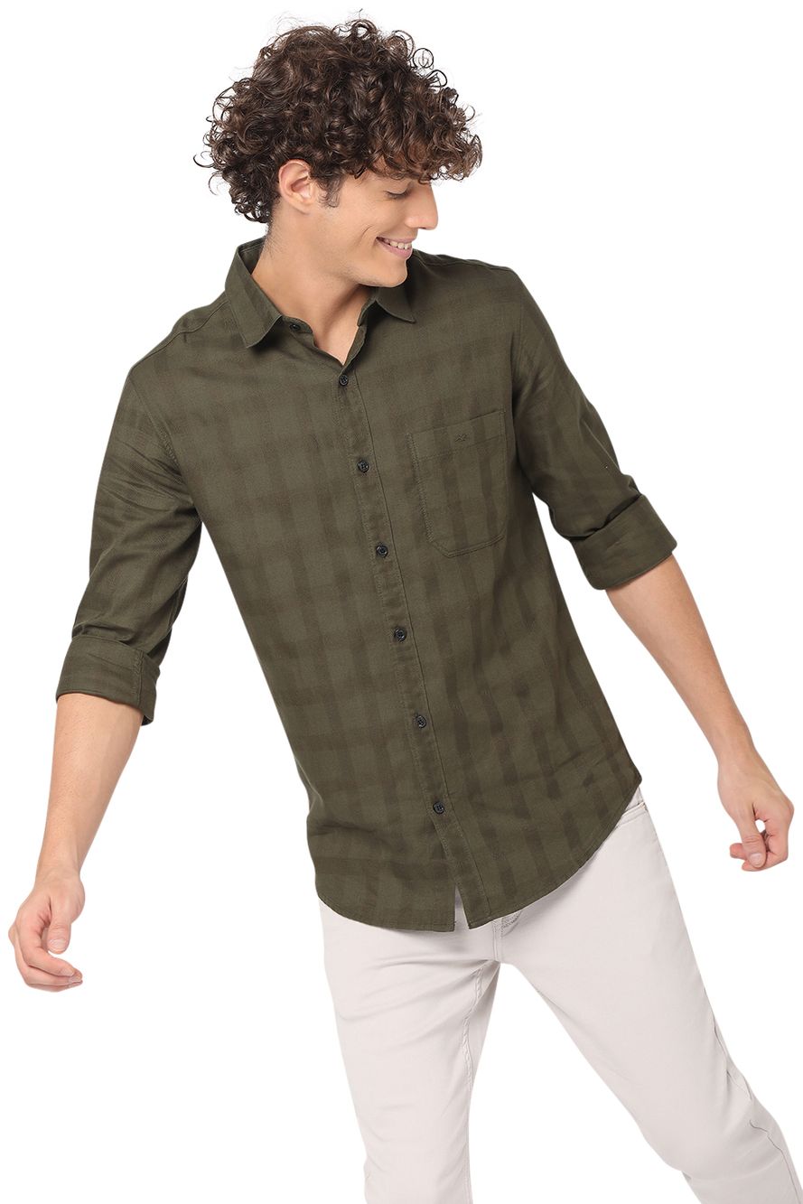 Olive Textured Dobby Slim Fit Casual Shirt
