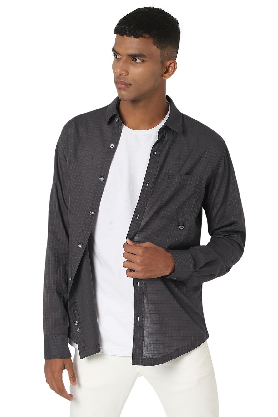 Grey Textured Dobby Slim Fit Casual Shirt
