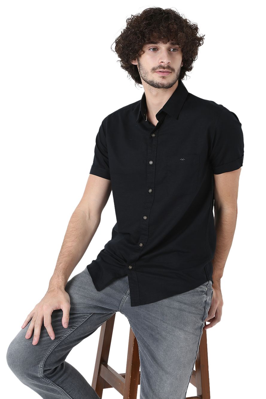 Black Cotton Linen Slim Fit Casual Shirt