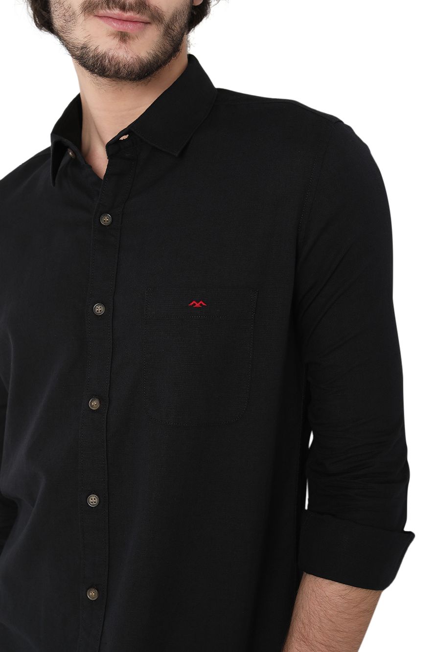 Black Cotton Linen Slim Fit Casual Shirt
