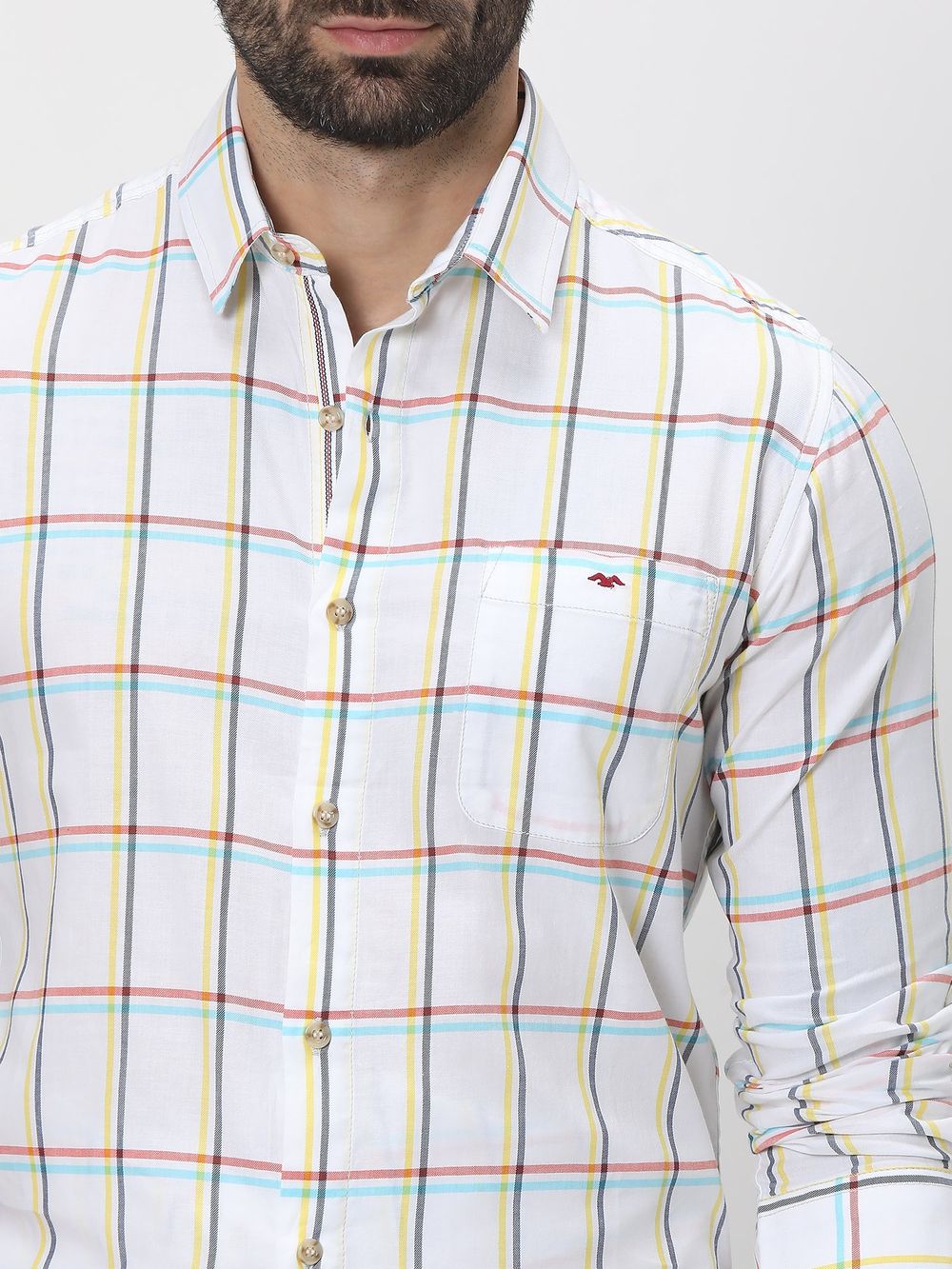 Off White & Yellow Large Check Slim Fit Casual Shirt