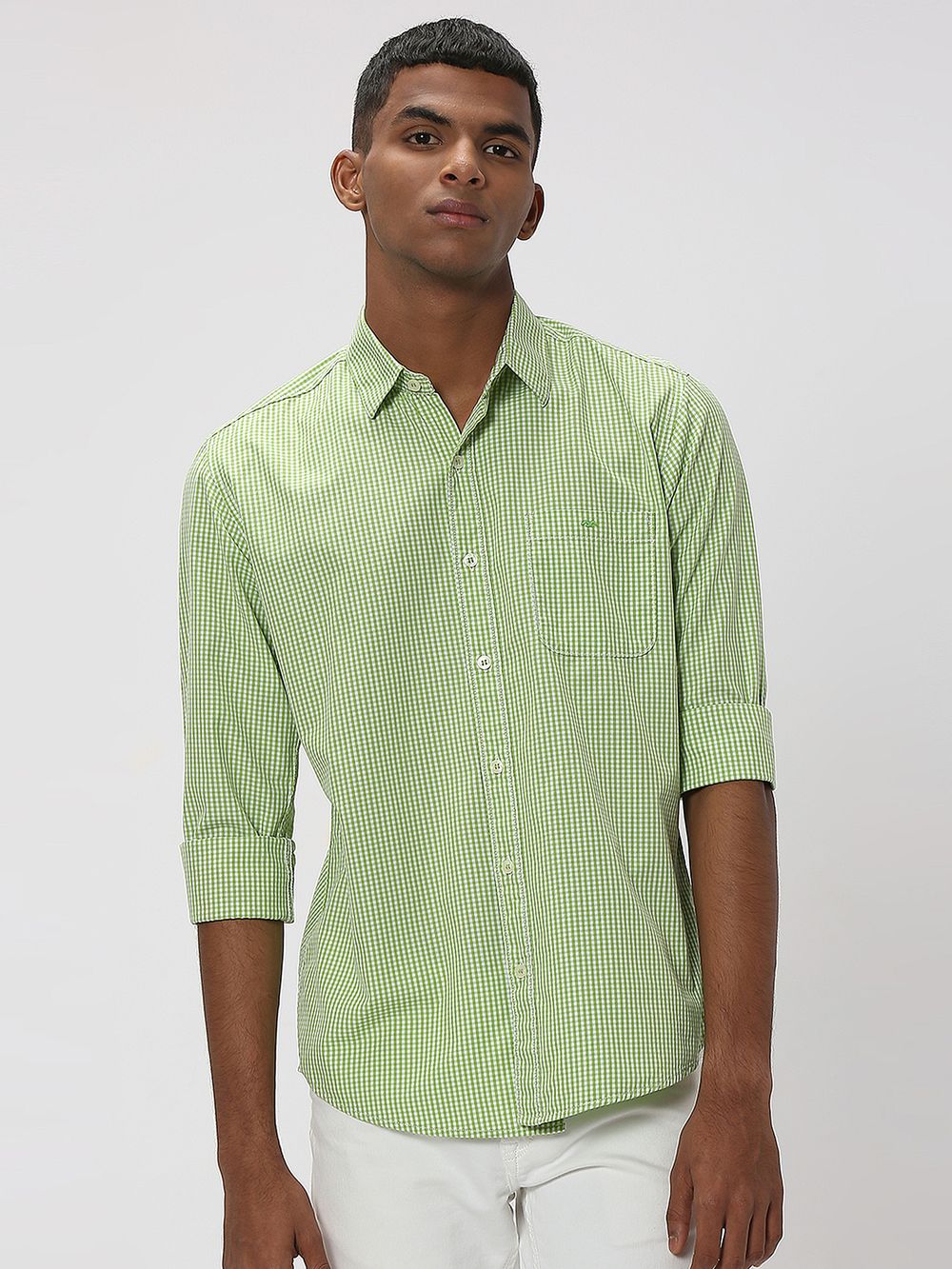 Green & White Gingham Check Slim Fit Casual Shirt