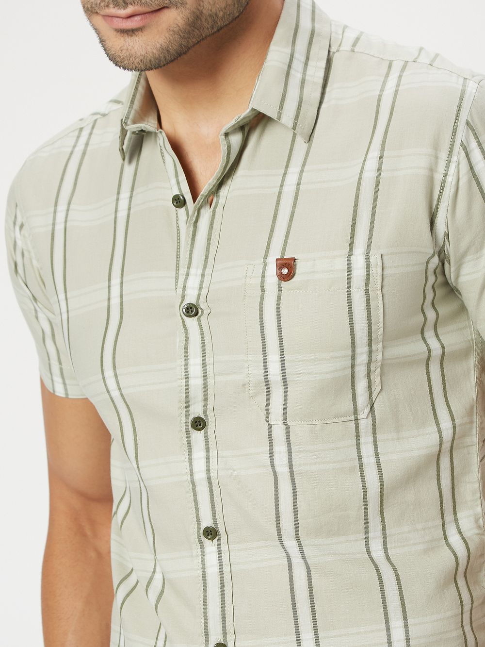 Light Olive & White Large Check Slim Fit Casual Shirt