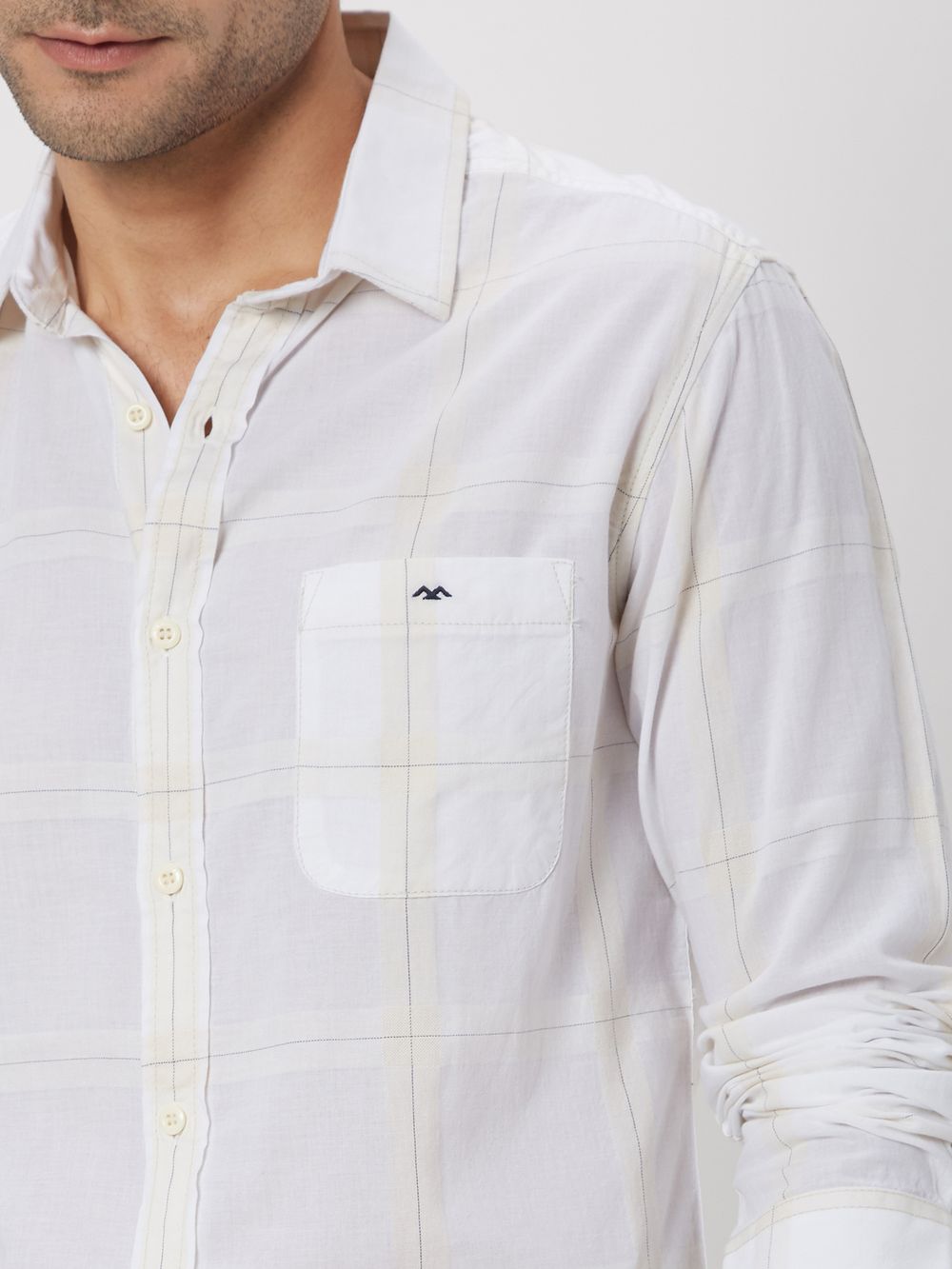 Off White & White Windowpane Check Slim Fit Casual Shirt
