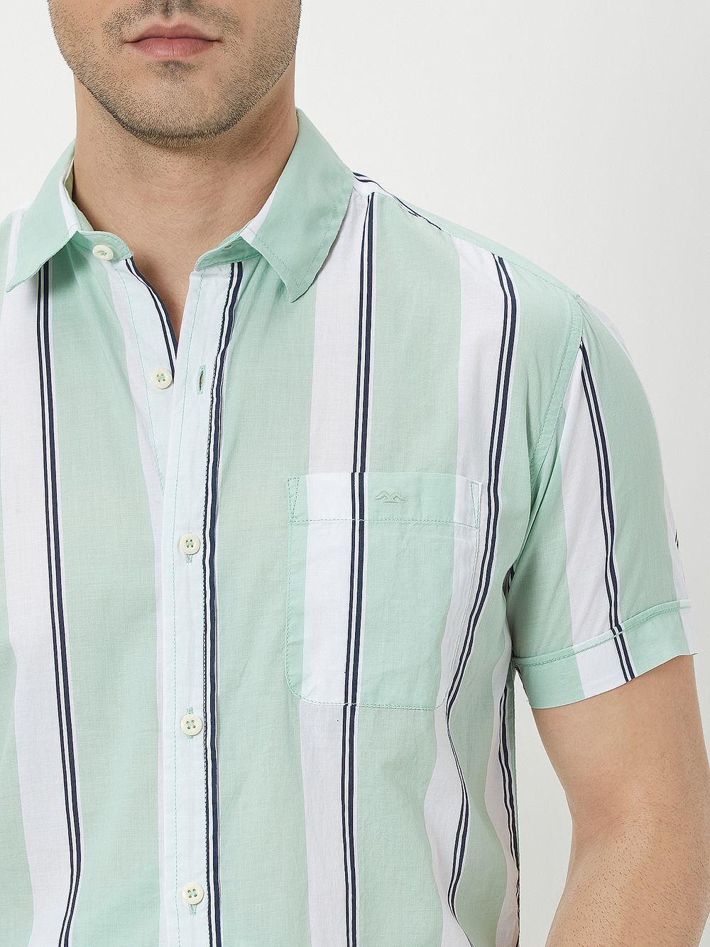 Light Green & White Resort Stripe Slim Fit Casual Shirt