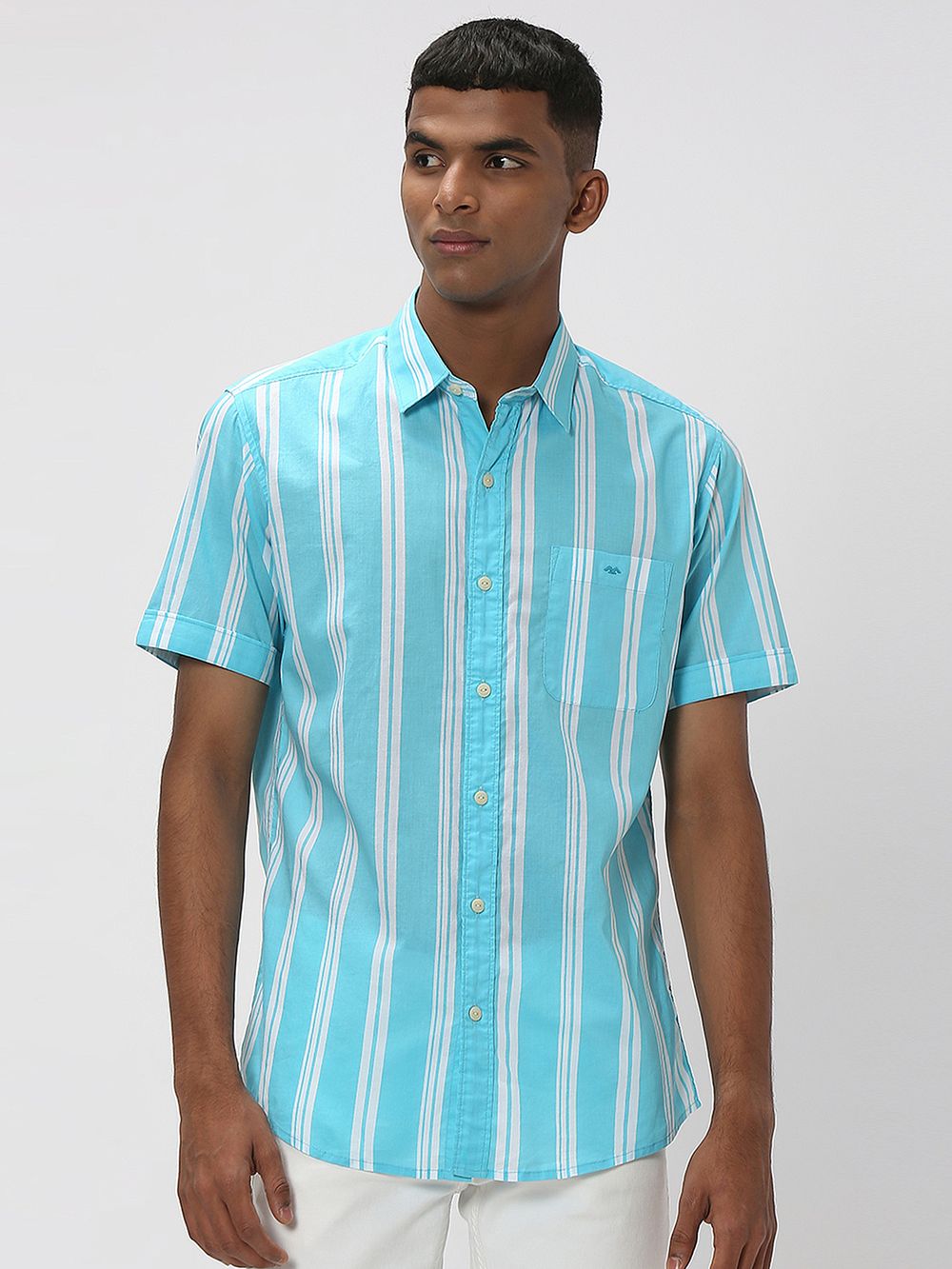 Turquoise & White Stripe Slim Fit Casual Shirt