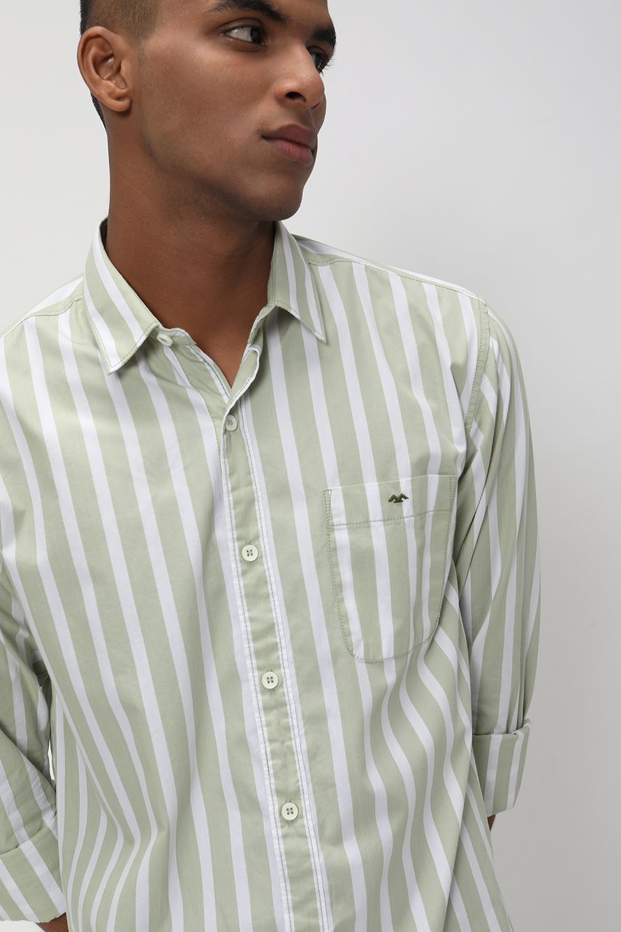 Light Olive & White Bengal Stripe Slim Fit Casual Shirt