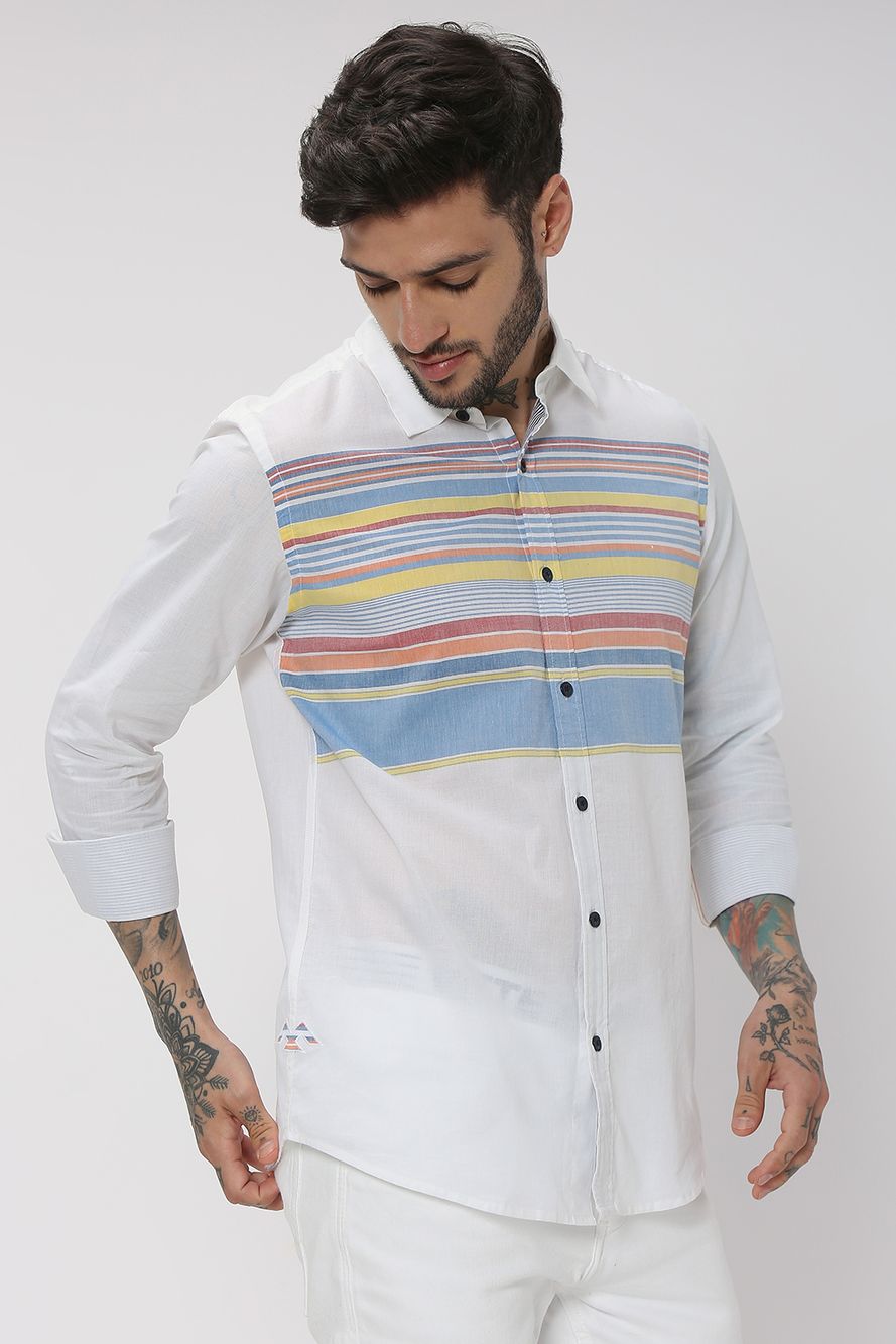 White & Multi Abstract Stripe Slim Fit Casual Shirt