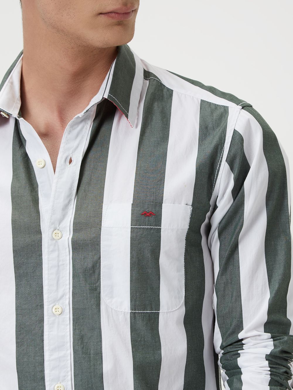 Olive & White Awning Stripe Slim Fit Casual Shirt