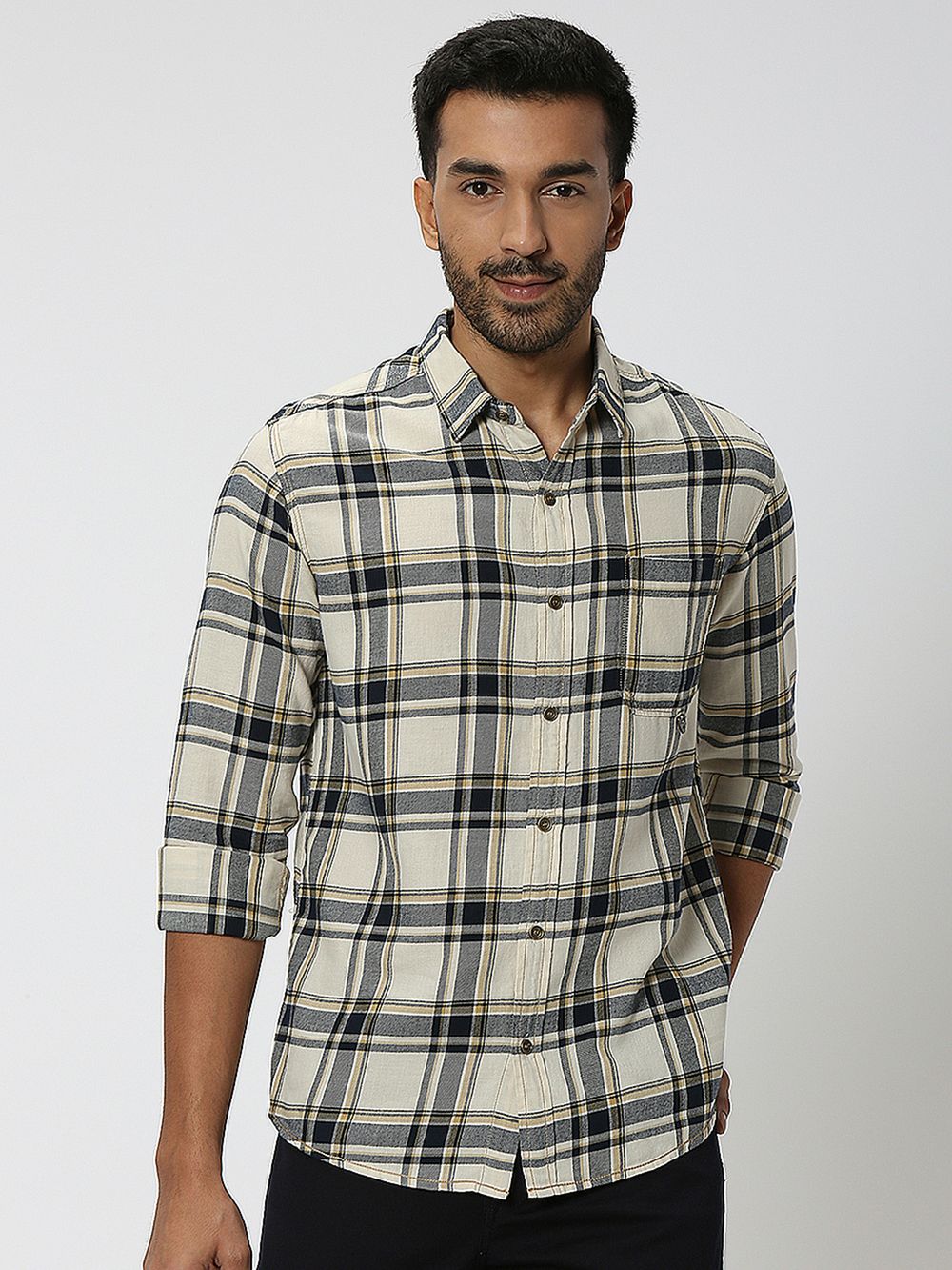 Beige Large Check Shirt