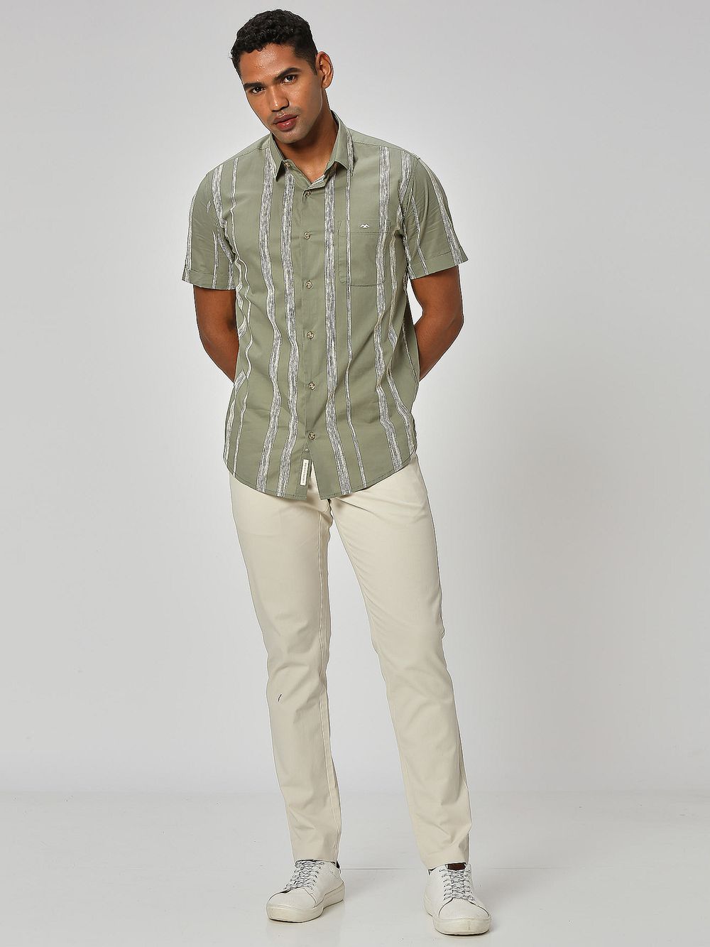 Light Olive Printed Stripe Lightweight Shirt