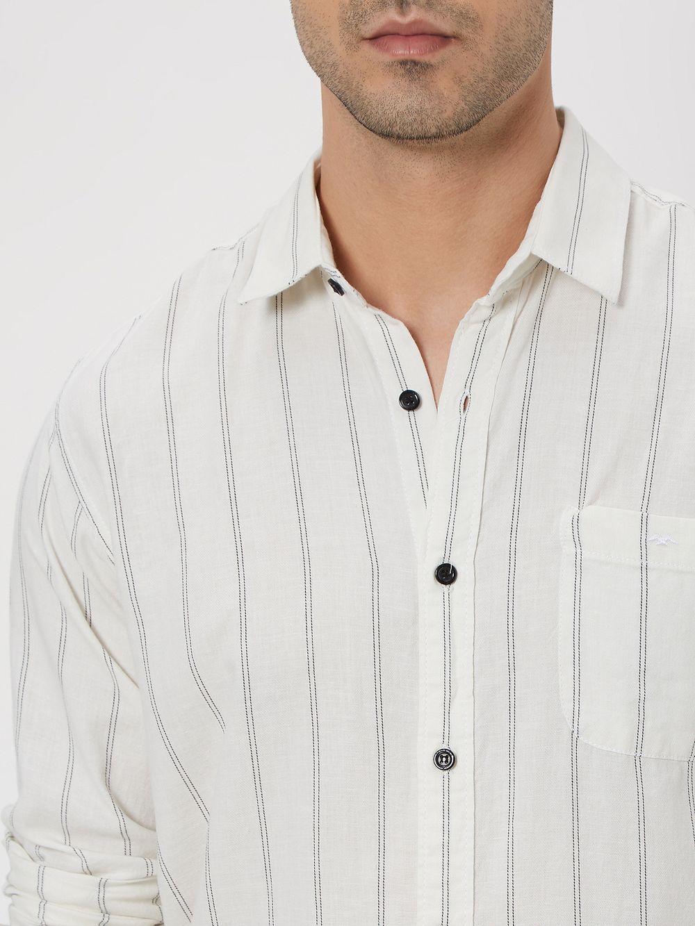 Off White Pin Stripe Slim Fit Casual Shirt