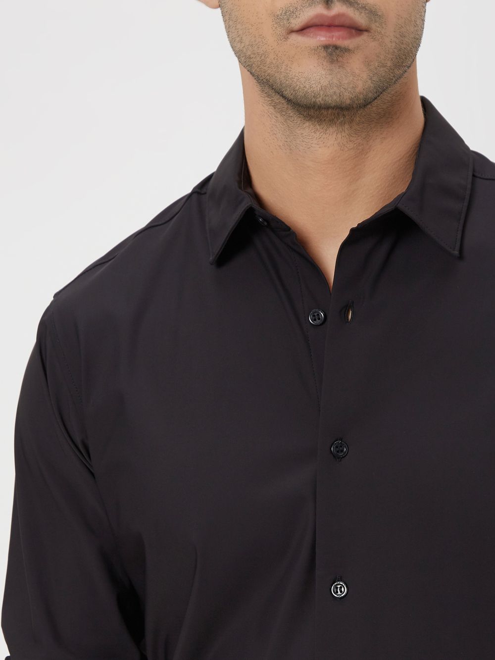 Black Knitted Plain Stretch Shirt