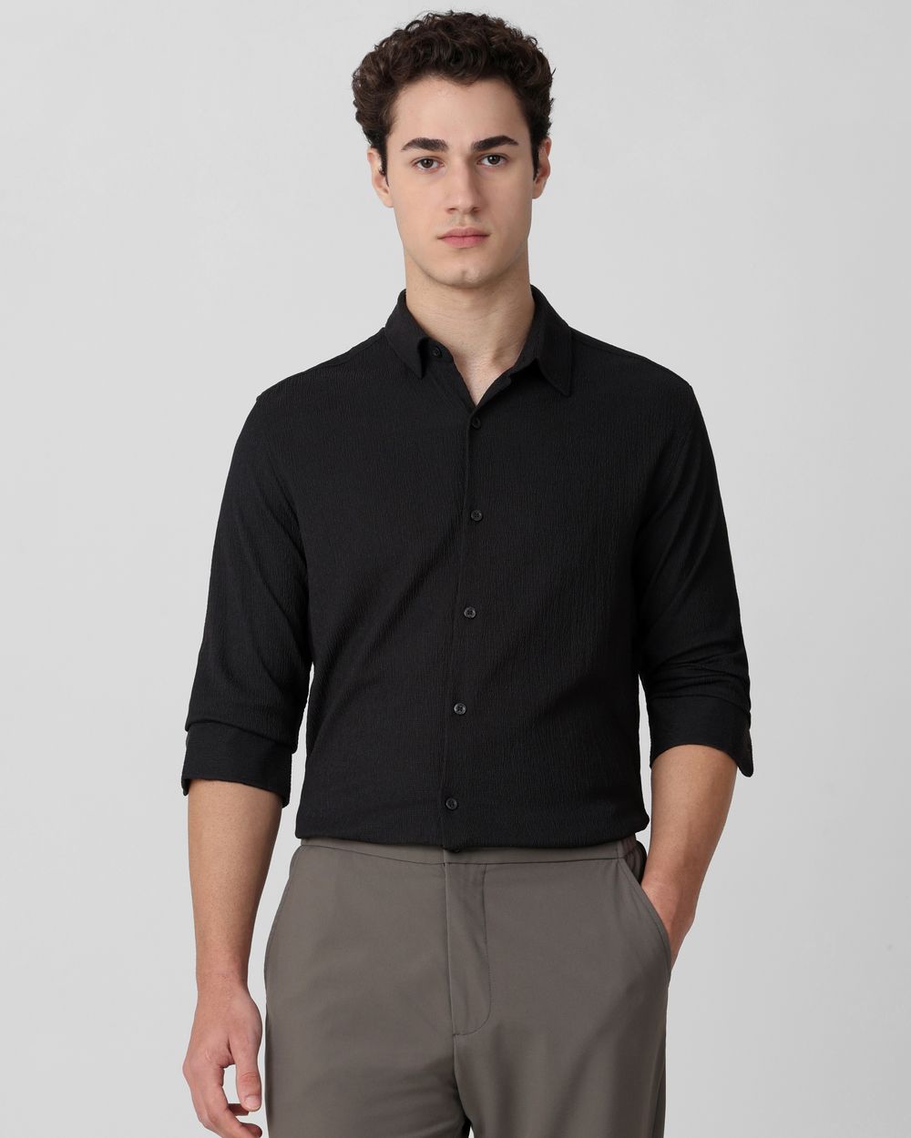 Black Textured Plain Slim Fit Casual Shirt