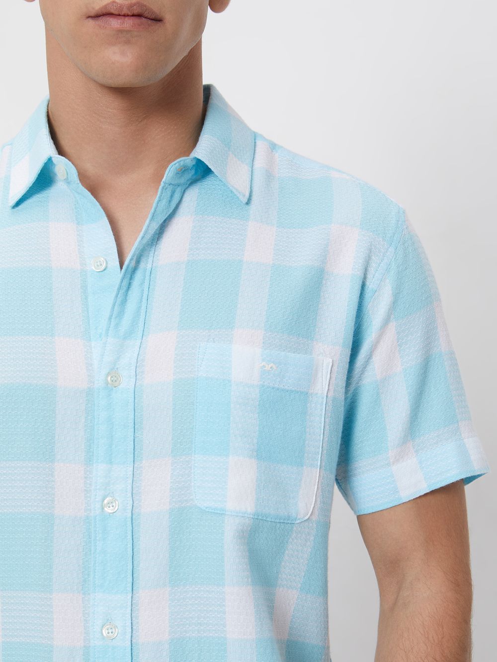 Turquoise & White Textured Check Slim Fit Casual Shirt