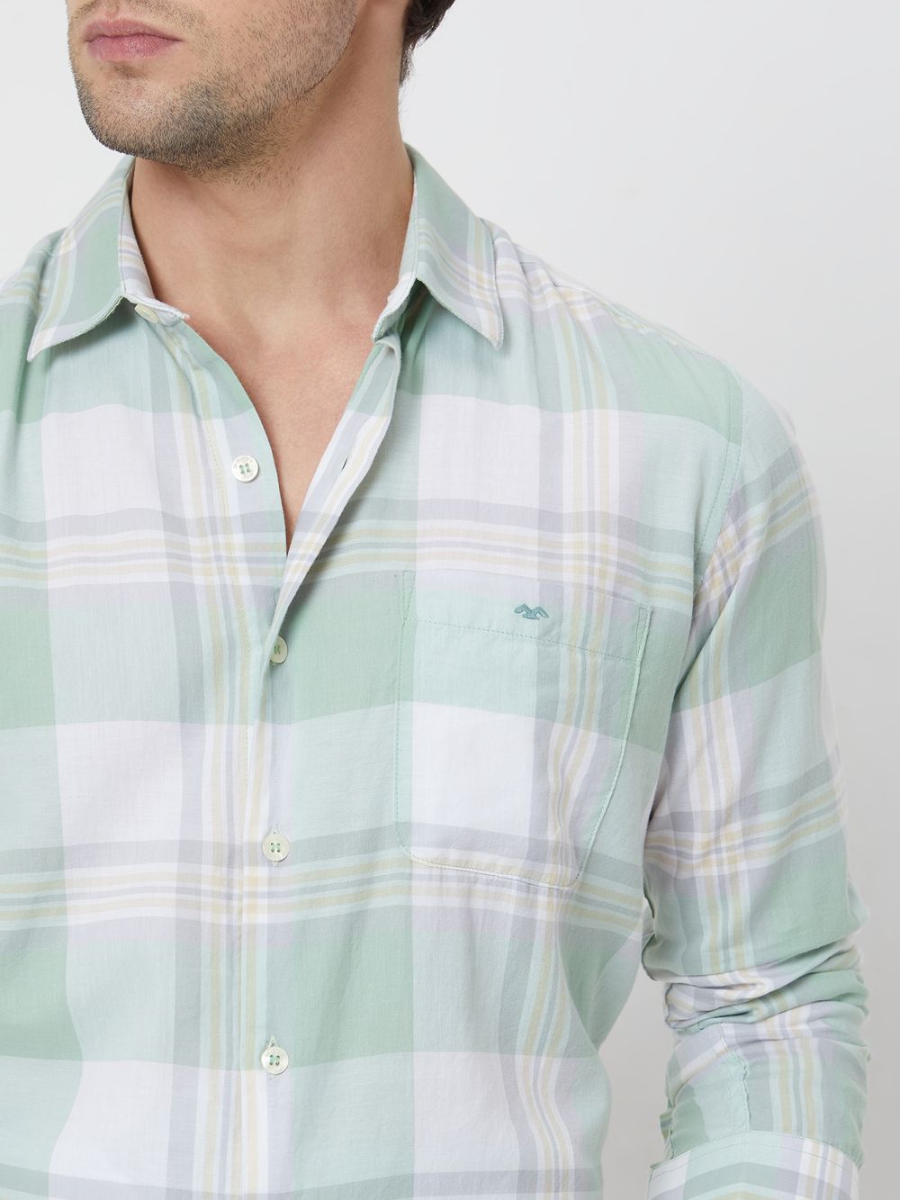 Light Green Large Check Slim Fit Casual Shirt
