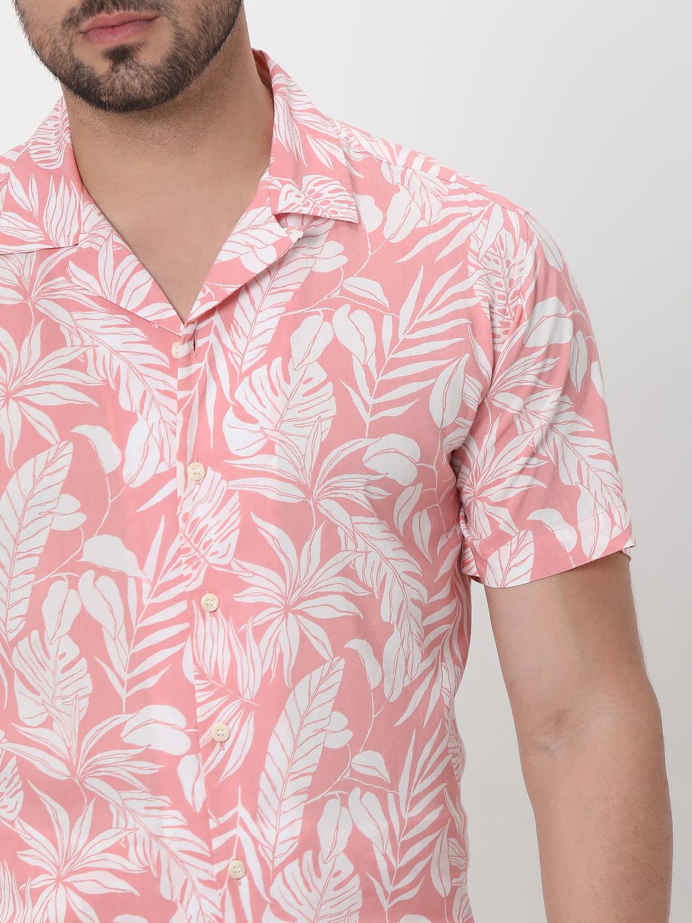Pink Leaf Print Slim Fit Casual Shirt