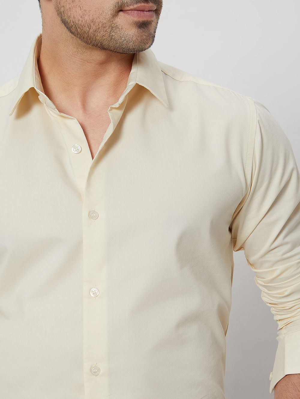 Beige Stretch Plain Slim Fit Casual Shirt