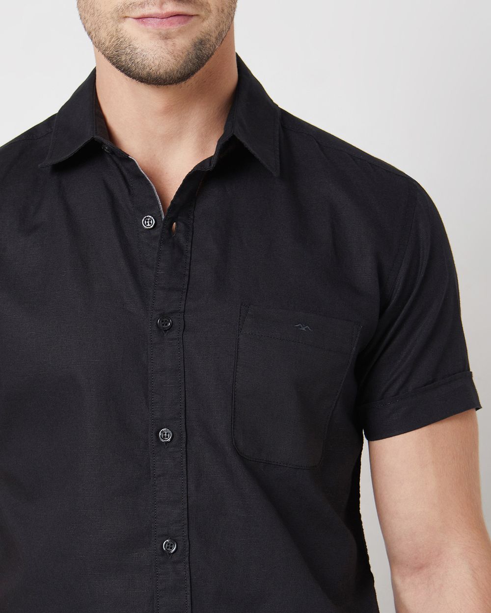 Black Cotton Linen Plain Slim Fit Casual Shirt