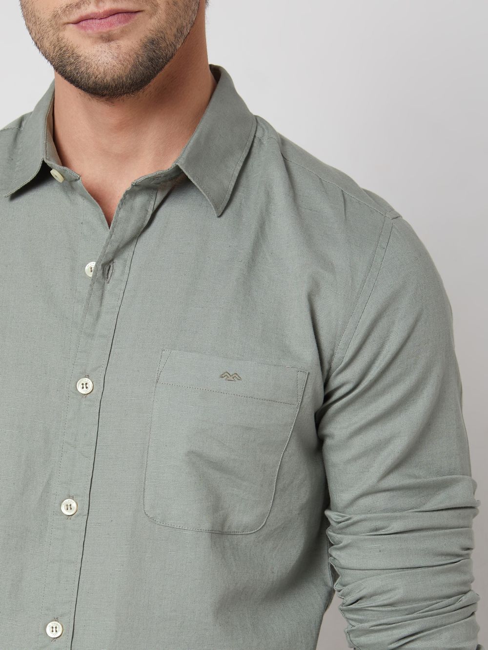 Light Olive Cotton Linen Plain Slim Fit Casual Shirt