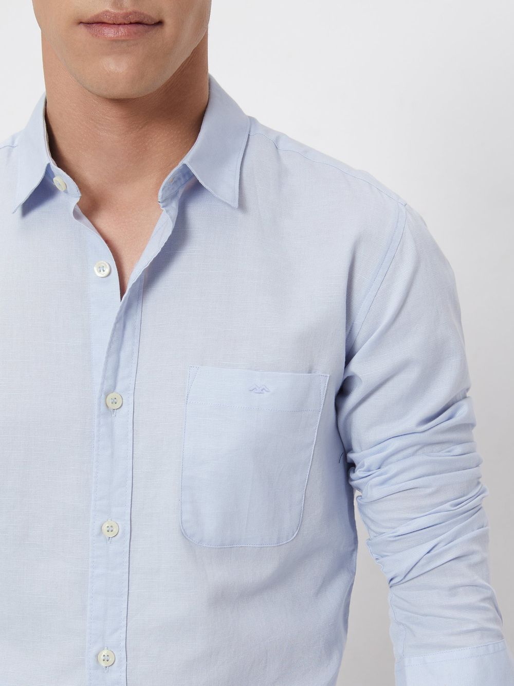 Light Blue Cotton Linen Plain Slim Fit Casual Shirt