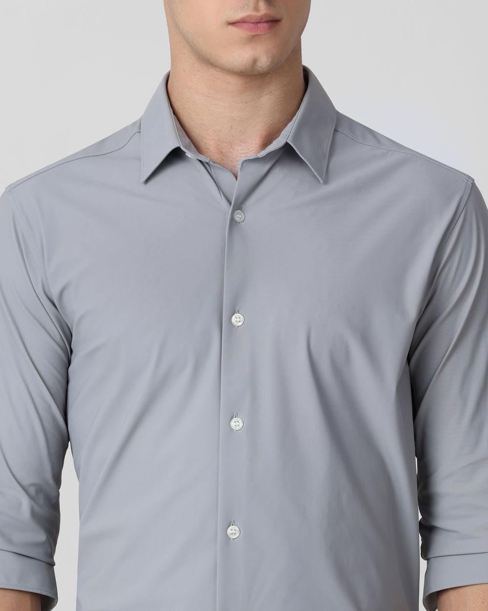 Light Grey Stretch Plain Slim Fit Casual Shirt