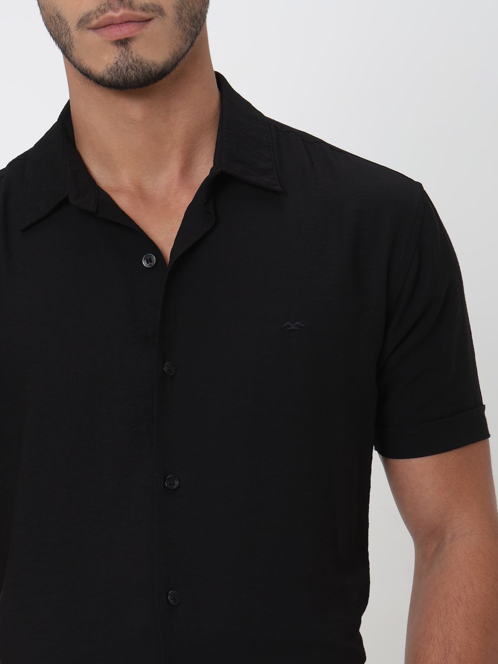 Black Textured Viscose Blend Plain Slim Fit Casual Shirt