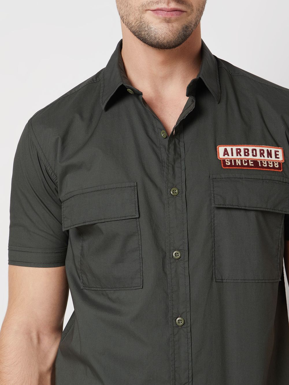 Olive Badged Plain Slim Fit Casual Shirt