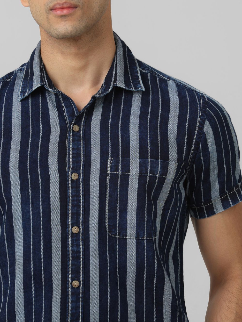 Dark Indigo Blue Denim Stripe Slim Fit Casual Shirt