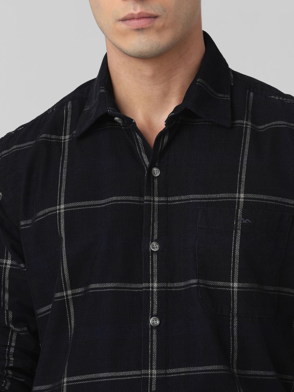 Black Corduroy Check Slim Fit Casual Shirt