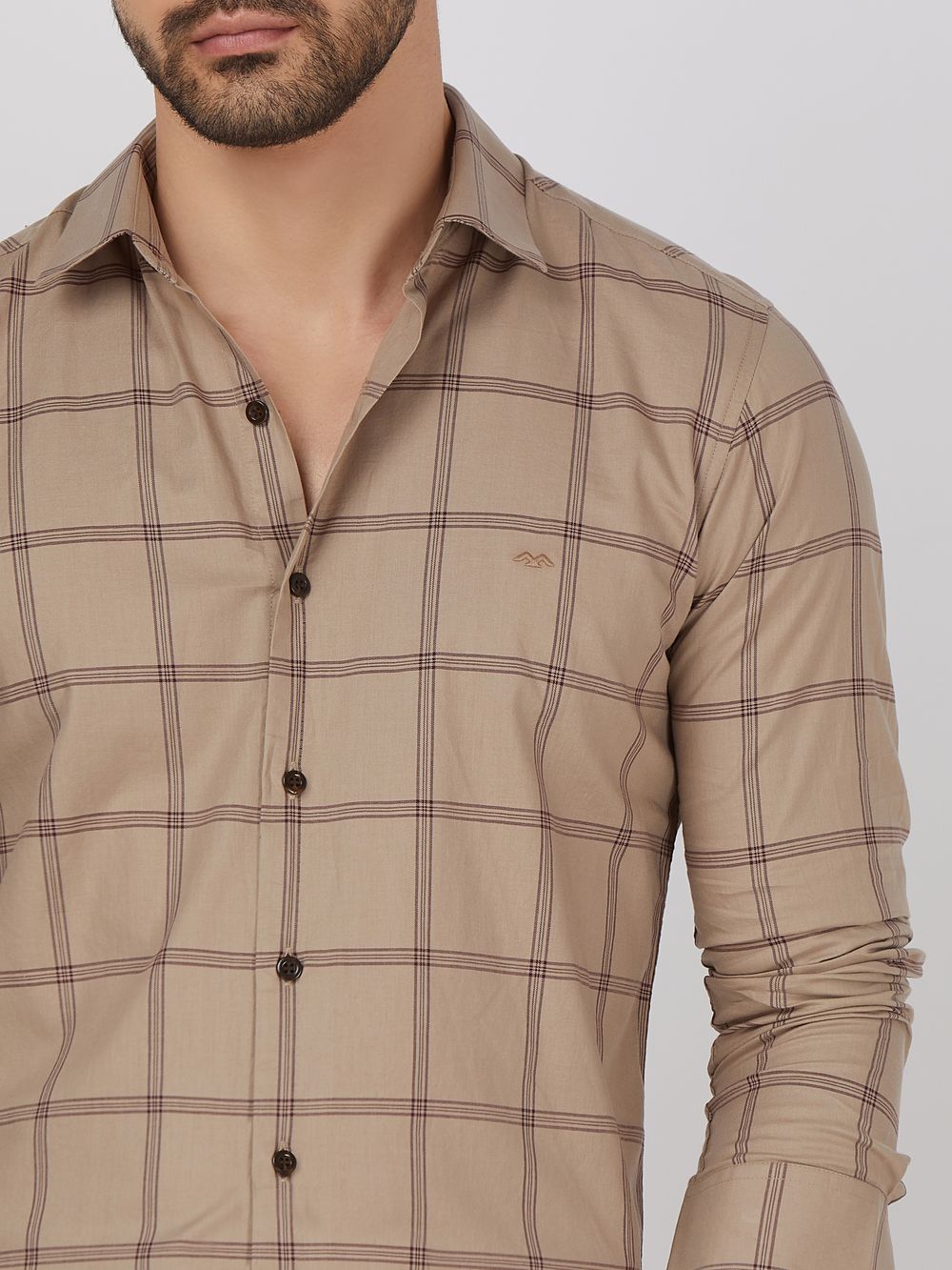 Khaki Windowpane Check Slim Fit Casual Shirt
