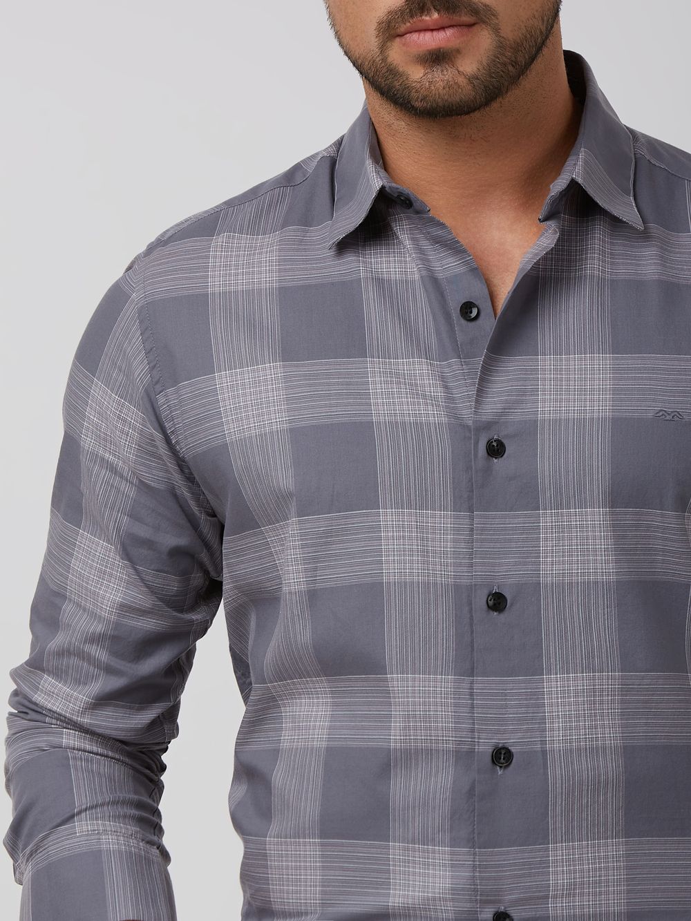 Grey Large Check Slim Fit Casual Shirt